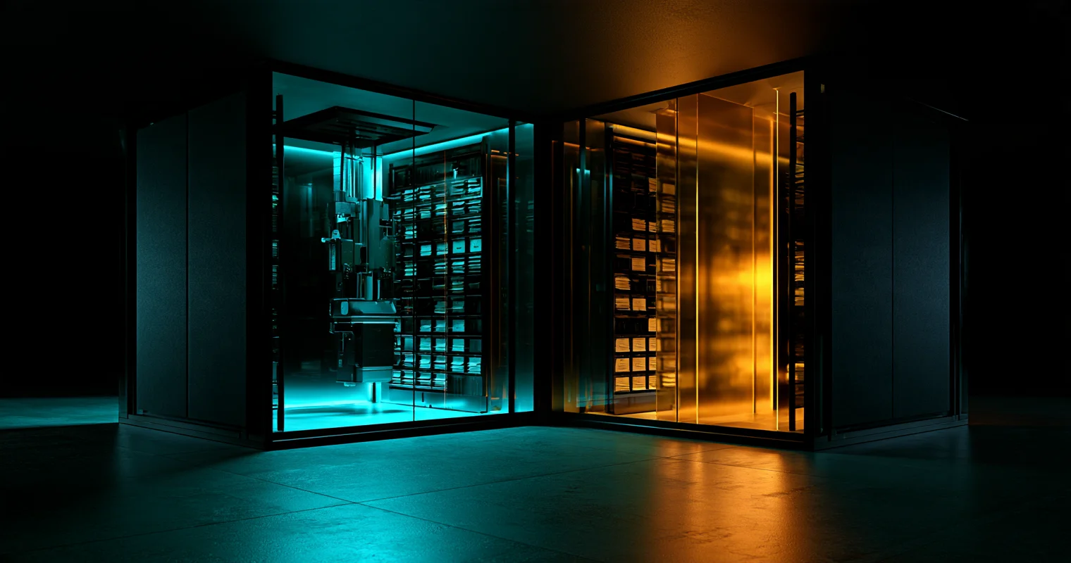 Two glass-fronted compartments with stacked trays, lit cyan on the left and amber on the right, on a dark reflective floor.