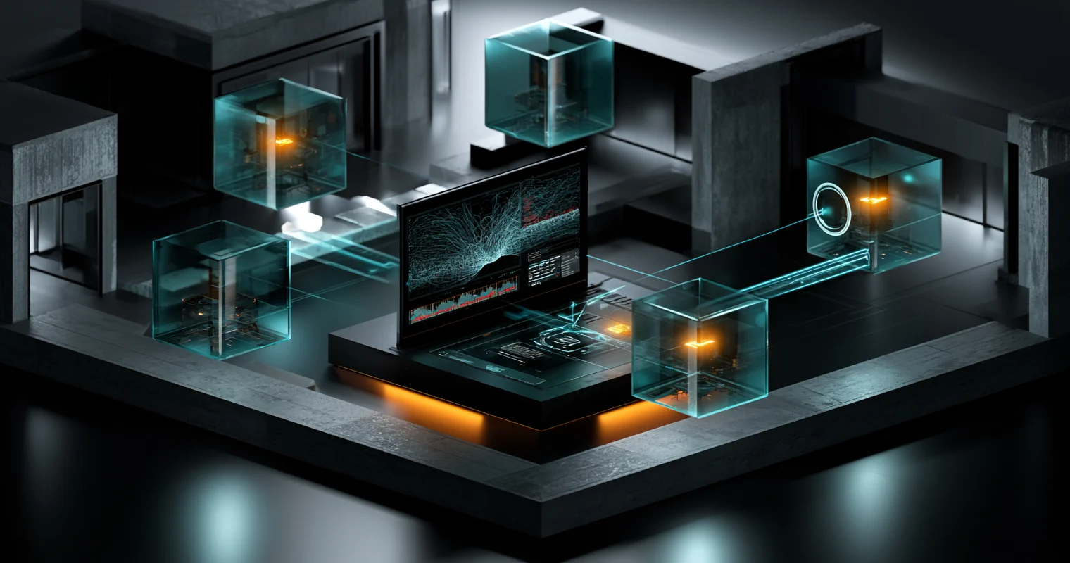 Isometric diagram of glowing server nodes connected by cyan trace lines converging into a central monitoring console, with a few nodes lit in warm amber.