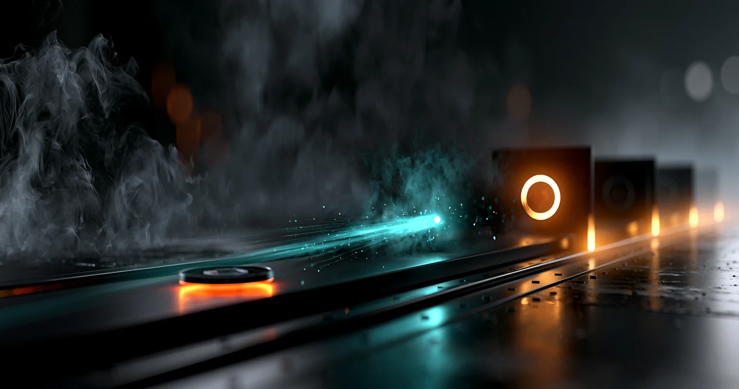 A glowing token moving along a track through a series of illuminated verification gates, trailing cyan light, with one gate lit in warm amber confirming passage.