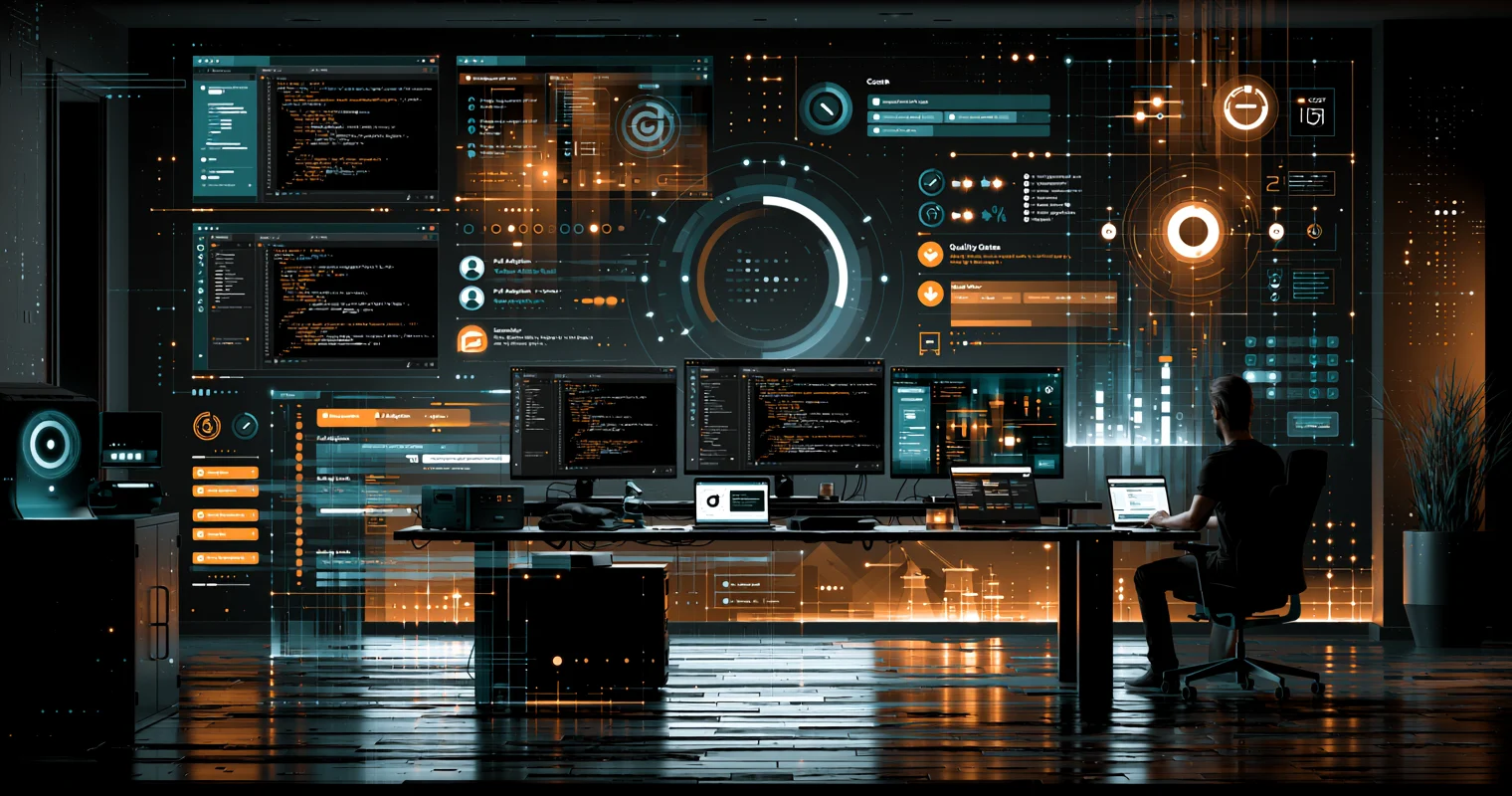 Abstract engineering dashboard showing CLI coding agent adoption, pull request flow, review gates, cost signals, and quality checks.