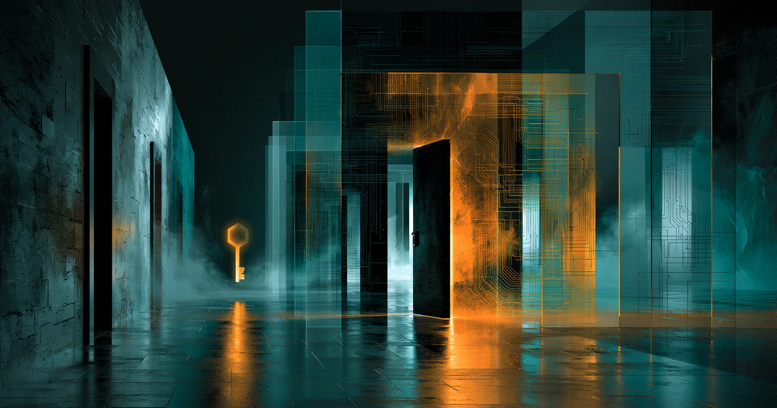 A glowing key-shaped token moving through a corridor of layered checkpoint gates, with one gate lit in warm amber where the token is verified before passing through.