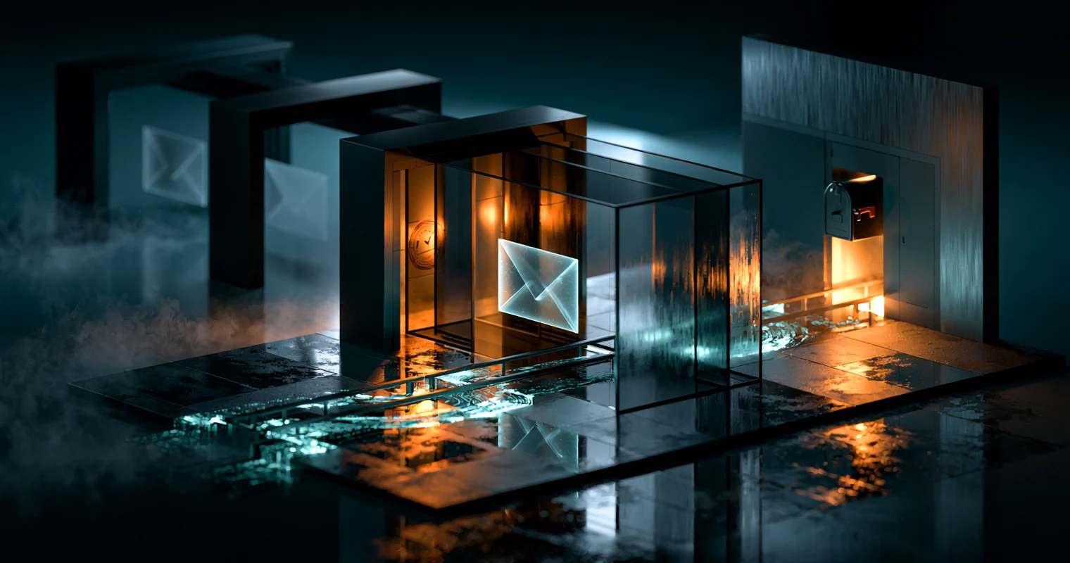 A glowing translucent envelope of light travels along a rail through a corridor of layered authentication gates toward one illuminated mailbox, with a single gate lit in warm amber where the message is verified before it is allowed to pass.
