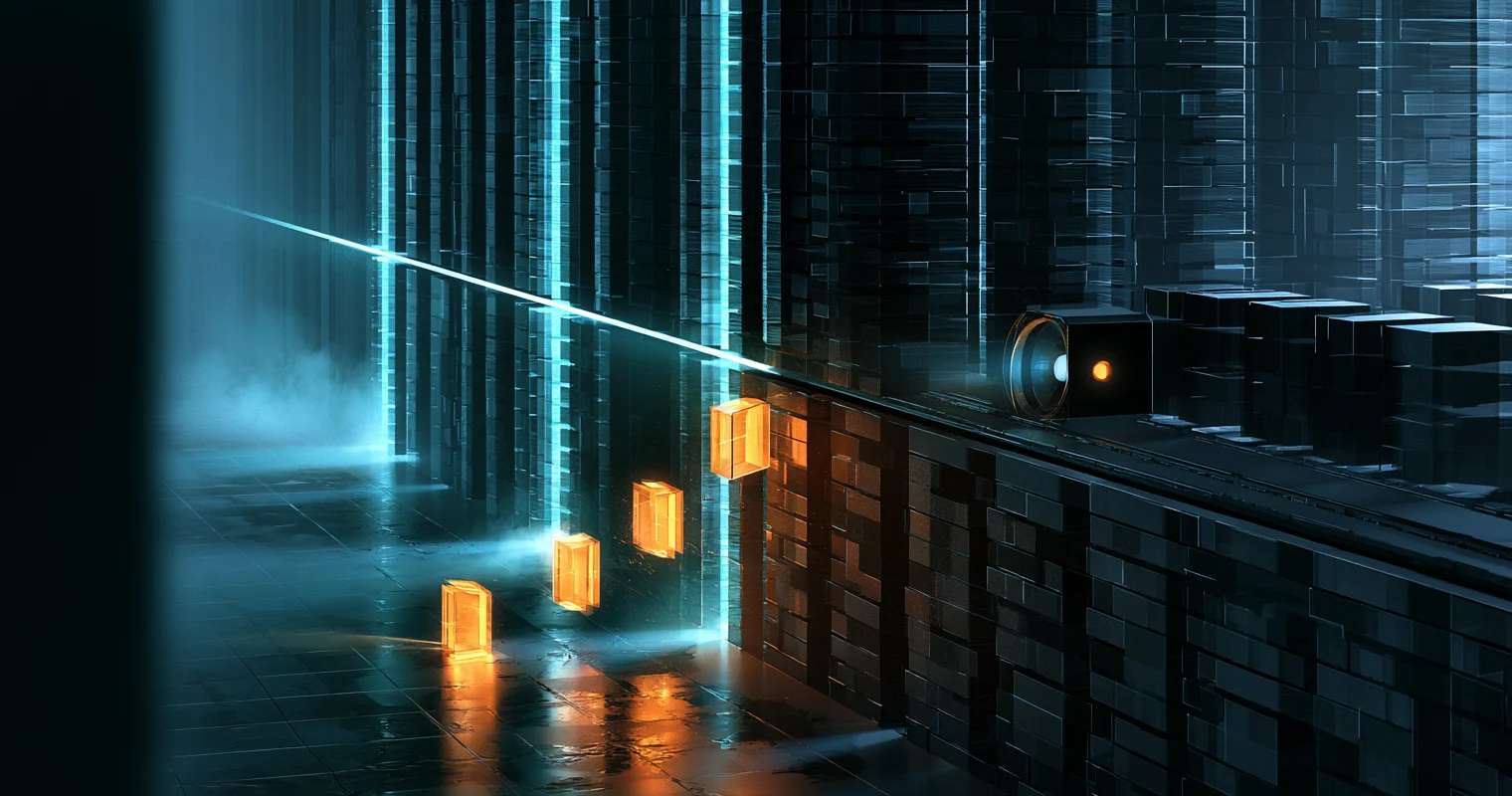 Isometric archive hall of stacked dark document slabs lit by cyan light, with a bright search beam crossing the rows and four glowing amber document fragments lifted onto a rail leading toward a lens-shaped reading chamber, reflected in a wet floor.