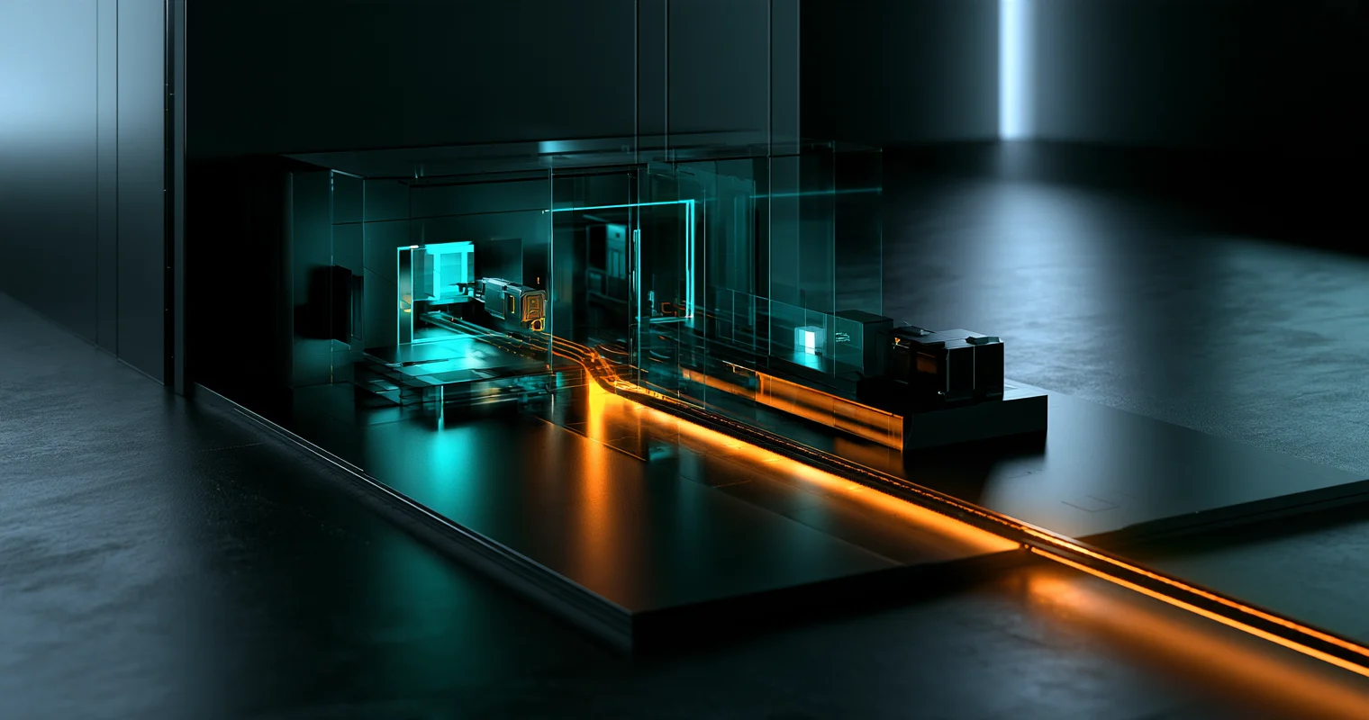 A glass-walled miniature corridor crossed by glowing teal and orange light paths on a dark platform.