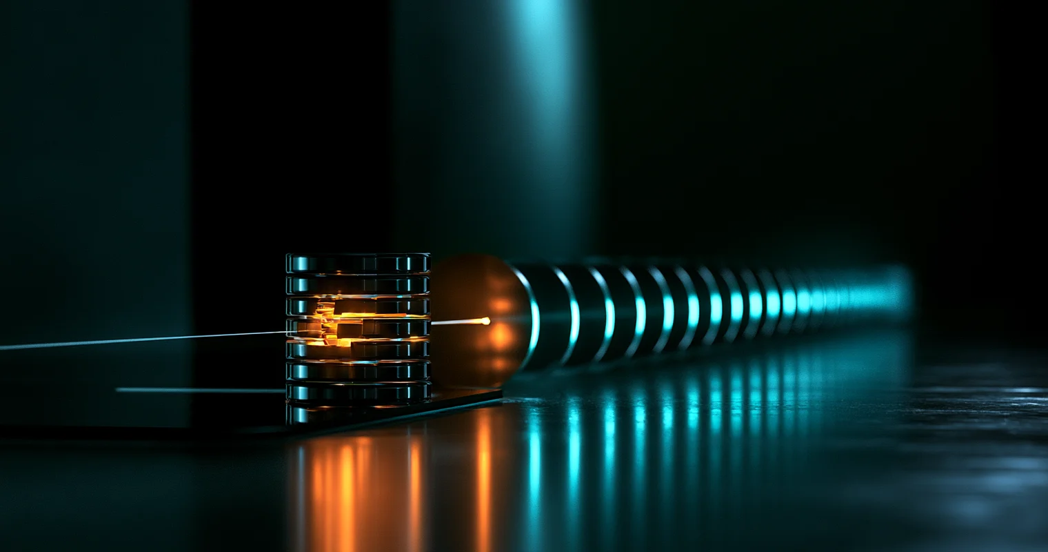 A timeline of stacked execution spans in cyan, with one broken span glowing amber and a thin thread connecting the sequence end to end.
