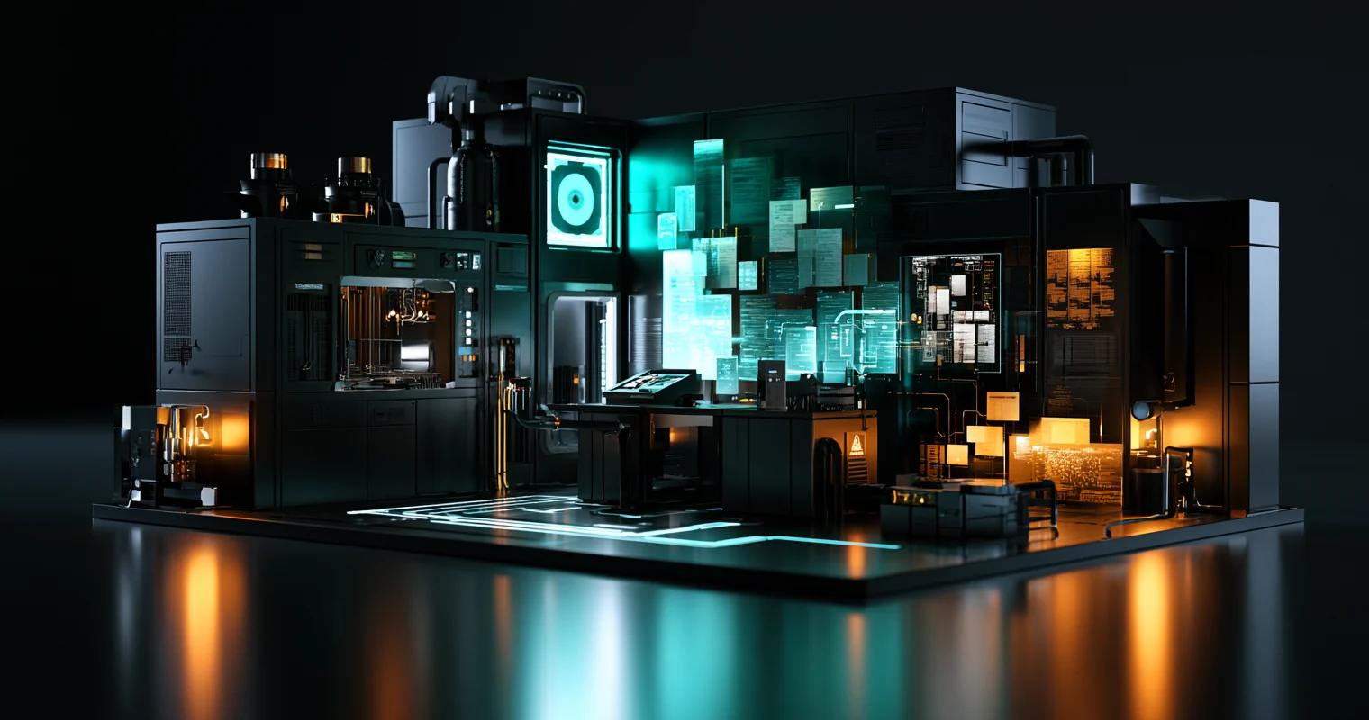 A dark technical production control system with cyan approval panels, amber status lights, and a controlled circuit path on a reflective floor.