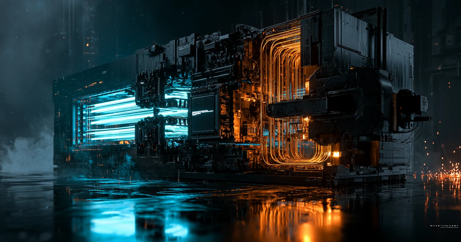 Industrial AI reliability system routing cyan requests through rate-control gates, bounded retry loops, and an amber fallback channel.
