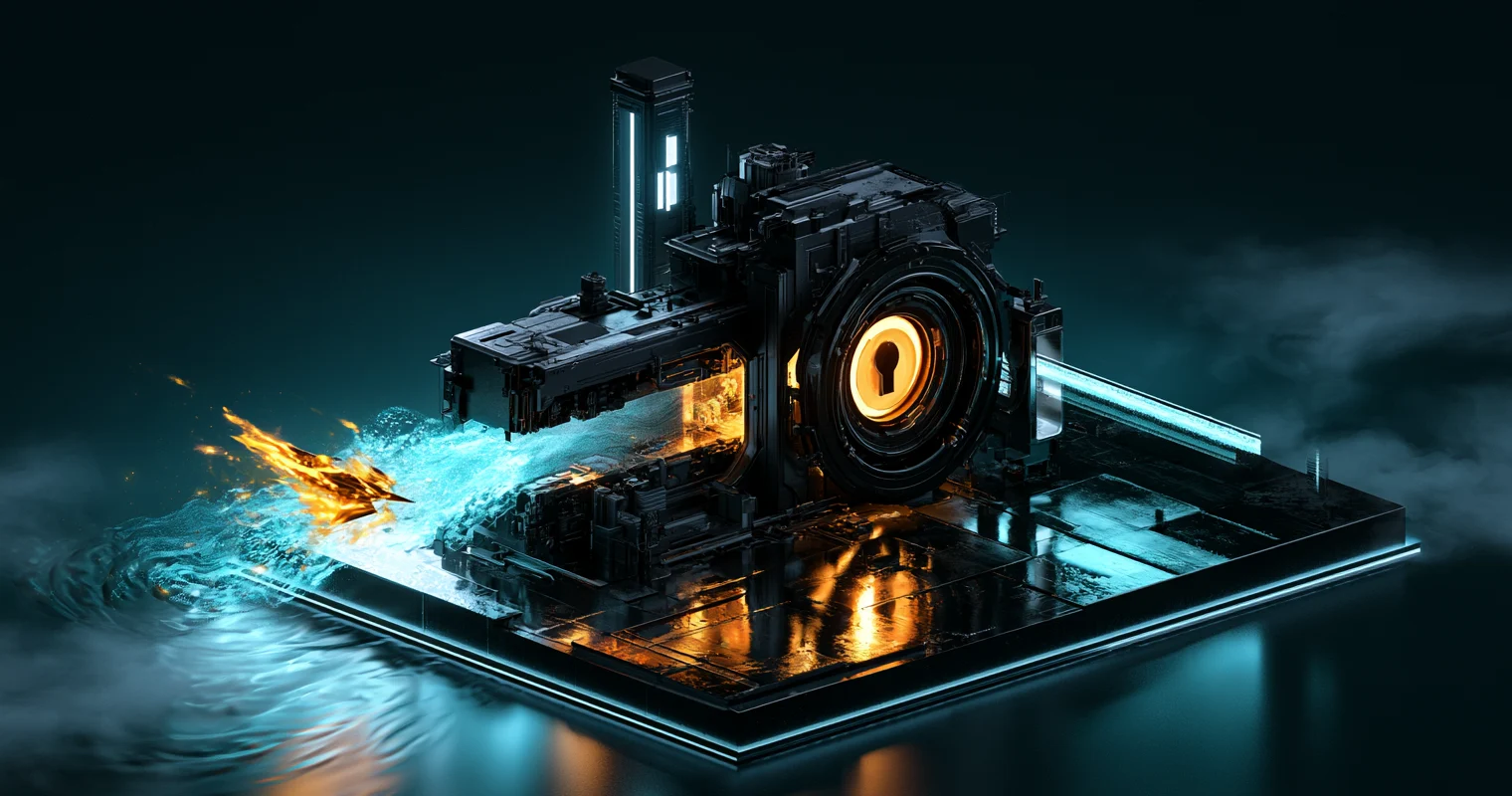 Isometric black-metal security mechanism filtering a turbulent cyan data stream through illuminated permission and validation gates.