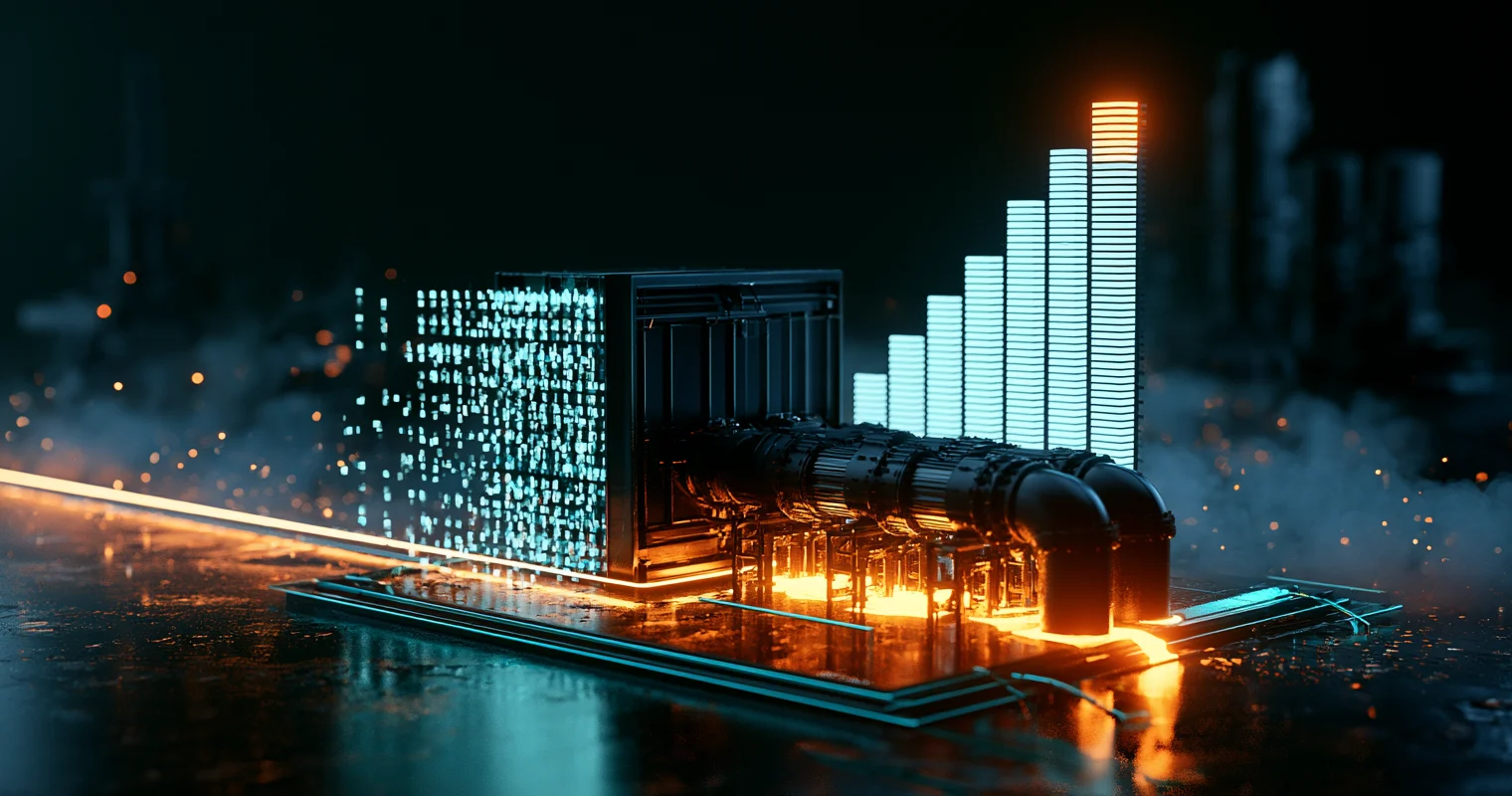 A dark technical diorama on a wet reflective floor: a cyan cloud of data tiles feeds a black segmented pipeline glowing amber from underneath, beside a rising column of stacked measurement bars whose tallest bar burns amber.