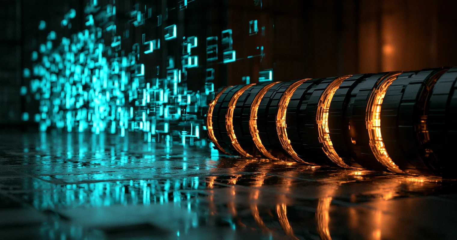 A dark technical diorama on a wet reflective floor with floating cyan data blocks queued up before entering a heavy black worker pipe glowing warm amber.