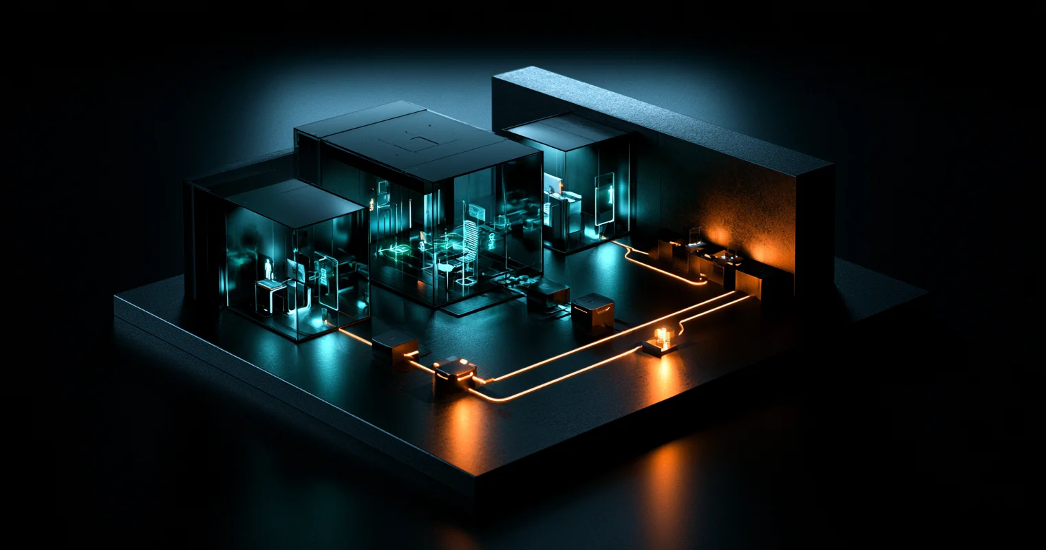 Dark technical diorama with three glass credential chambers linked by cyan and amber access paths.