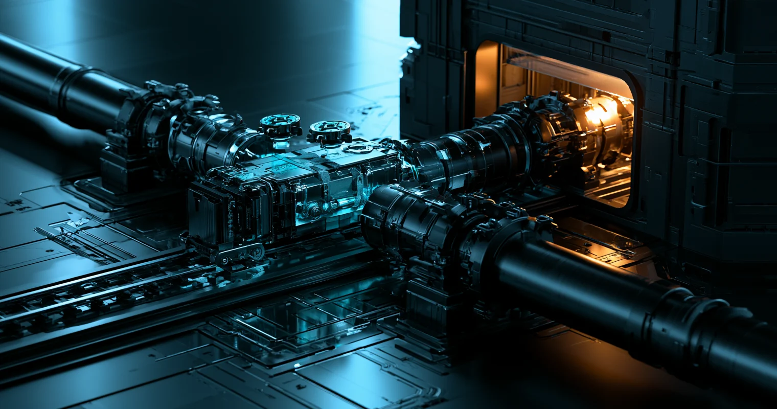 Blue-black mechanical pipes join around a transparent module beside an orange-lit machine opening.