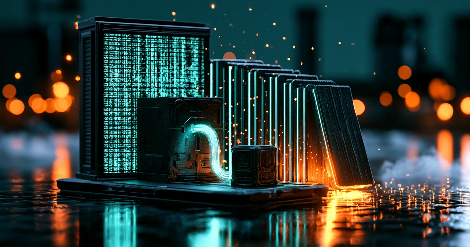 A dark technical diorama on a wet reflective floor: a glowing cyan data stream curves out of a black server block whose face is a wall of cyan cells, passes a small cube, and runs into a receding row of tall edge-lit archive slabs, with the outermost slab tipped over and glowing warm amber.