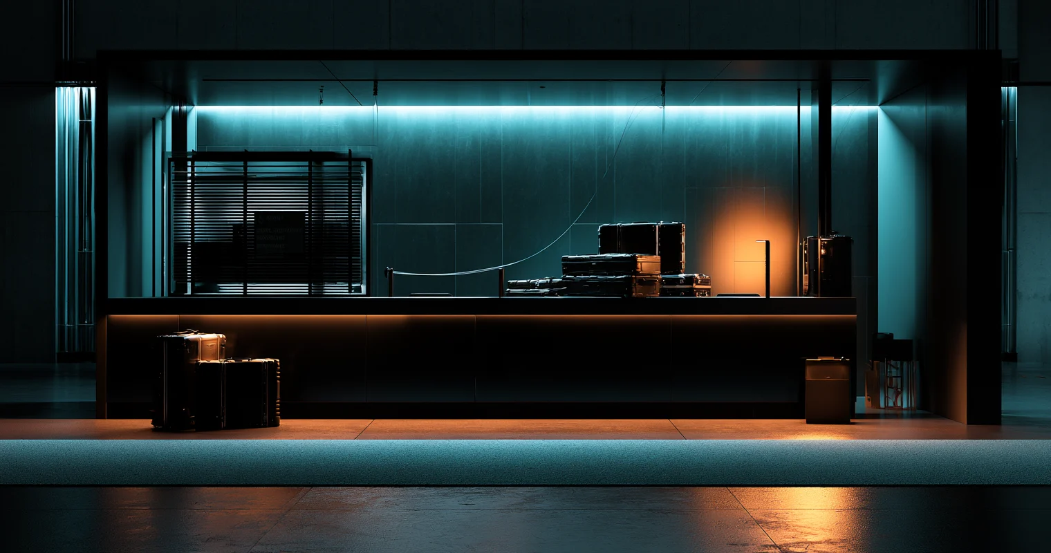 A long dark service counter under cyan light: a shuttered window with lowered slats at one end, two cases still standing on the floor beneath it, and a stack of cases already moved onto the counter beside a warm amber-lit position at the other end.