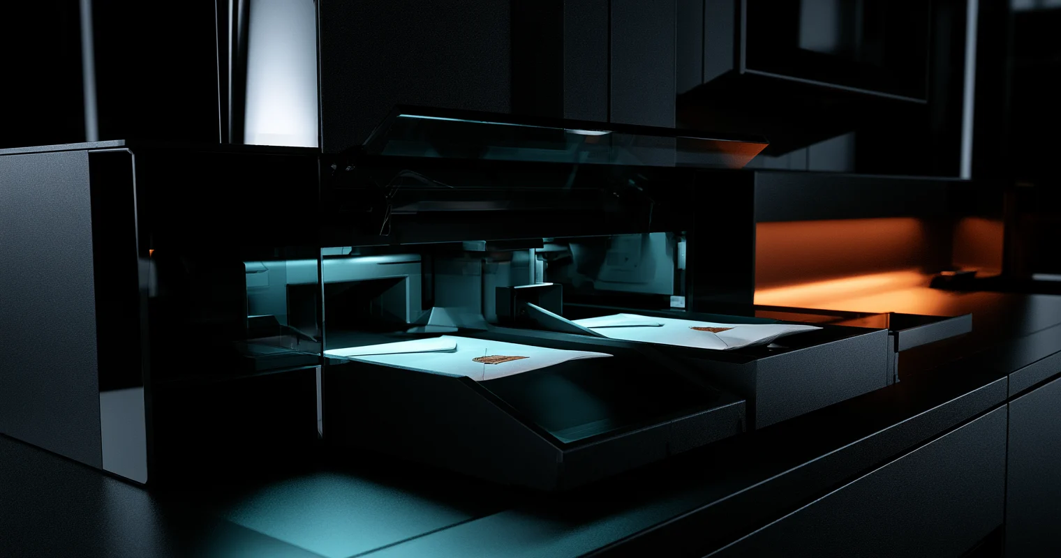A dark machine room under cyan light: a low document sorting machine with its glass hood raised. One pale envelope with a small gold seal rests in a lit tray at the front, and a second envelope lies in a separate tray to the right under warm amber light.
