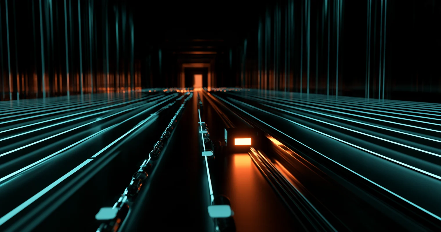 Rows of cyan-lit rails run down a dark corridor toward an orange-lit doorway, with one small black box glowing orange on a rail near the center.