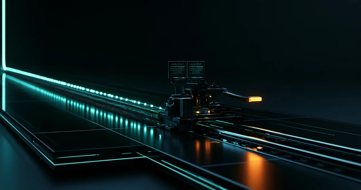 A dark machine with two small screens and an amber-lit lever sits at the point where a row of cyan lights ends and a set of rails runs off to the right across a black glass floor.