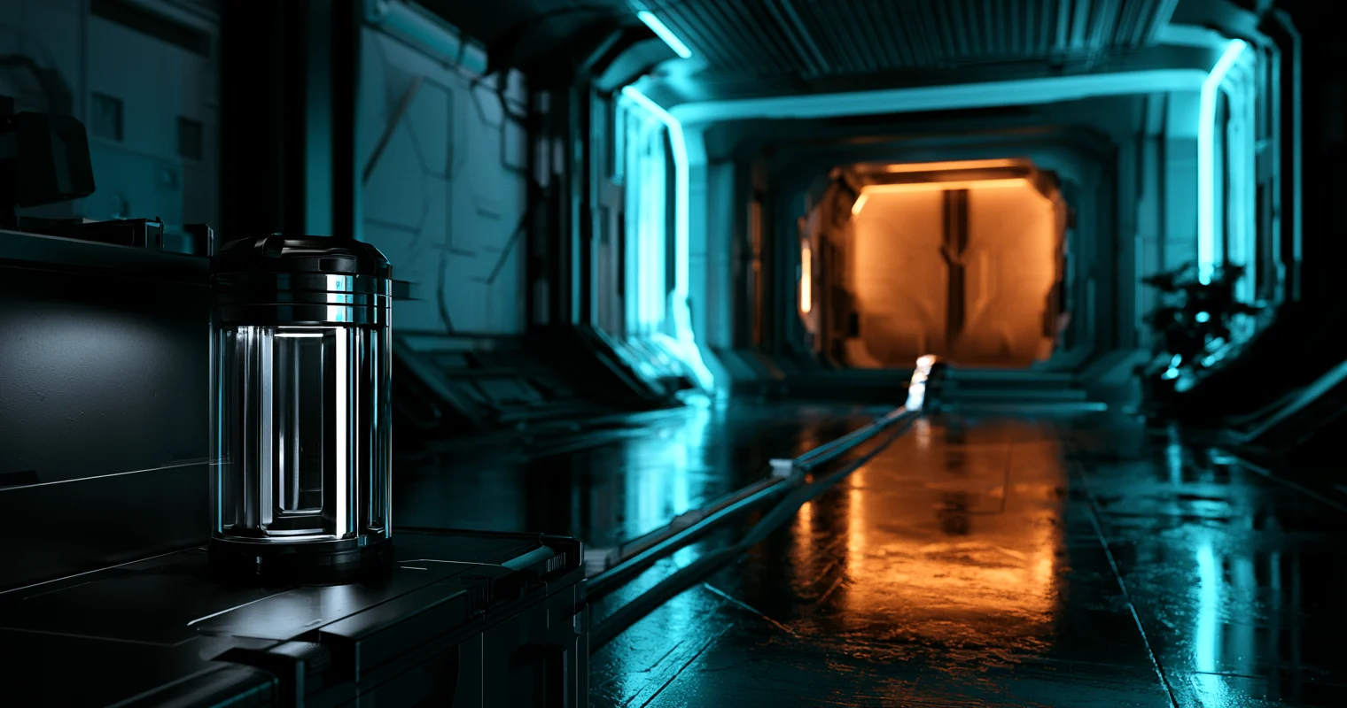 A dark technical diorama: a sealed cylindrical capsule lit from within stands on a matte black bench in the left foreground, while thin rails run along a glossy floor down a cyan-lit corridor toward a distant amber-lit doorway.