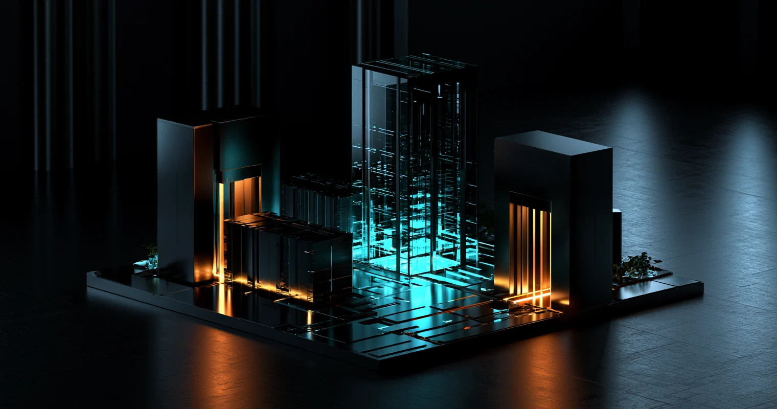 A dark architectural model with two black towers lit amber and a transparent central tower glowing cyan.