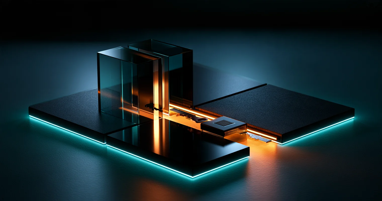Two dark glass frames stand over black platforms edged in cyan light, with an orange-lit channel running beneath a small metallic module.