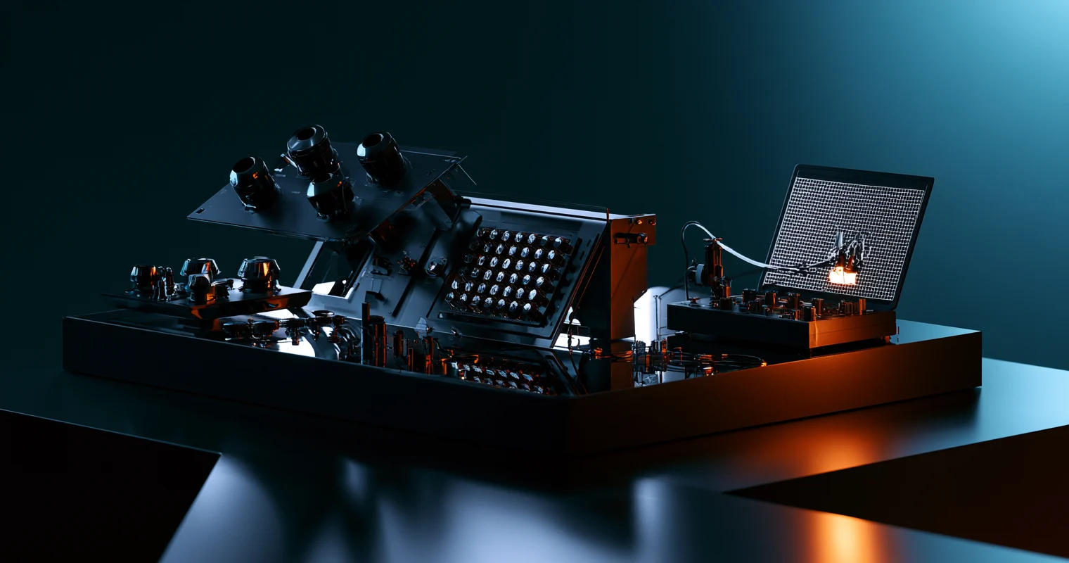 Dark studio diorama of a control console with its knob panel lifted out and tilted aside, a dense grid of identical black switches seated in the opened bay, and a smaller unit at right whose raised lid shows a fine mesh panel that a slender arm reaches into.
