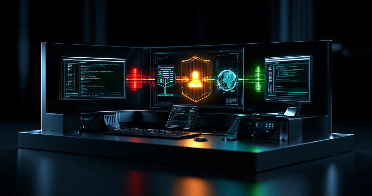 Dark workstation with three code displays, an orange shield and user icon, and red and green signal bars.