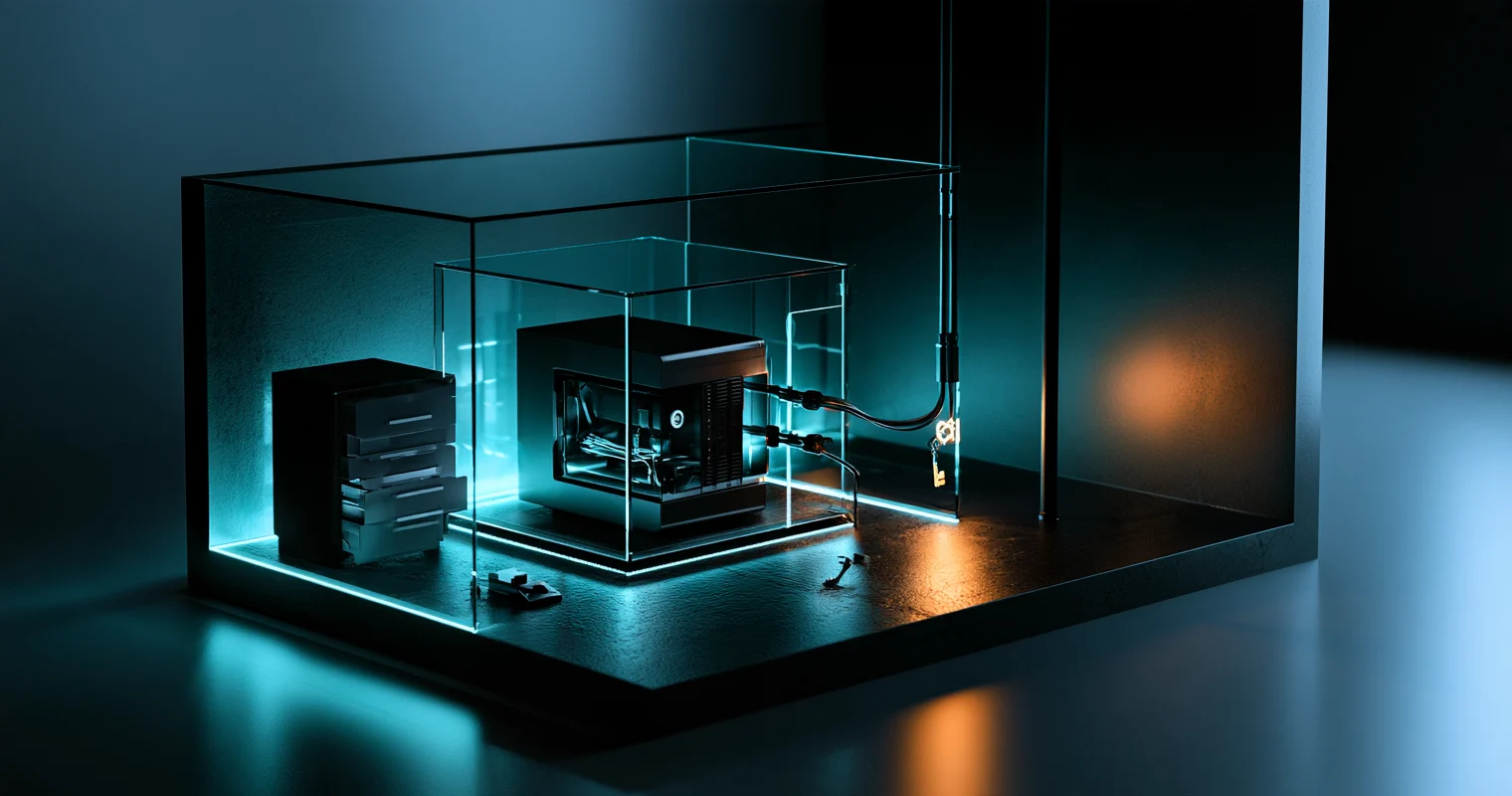 A compact black computer sits inside a glass cube within a larger glass enclosure, beside a stack of file drawers, with cables running out through the glass and brass keys hanging from one cable.
