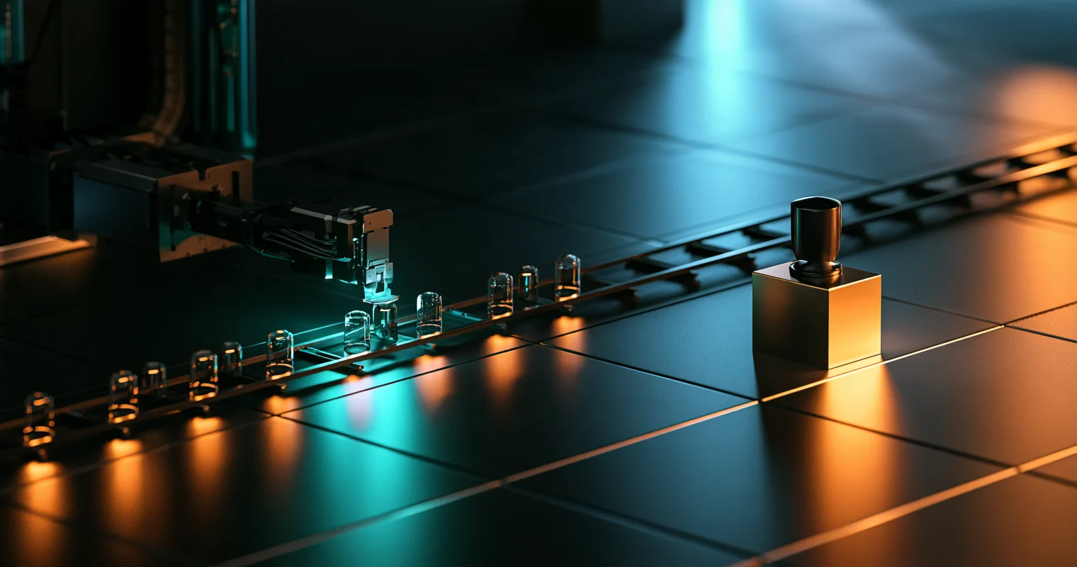 Dark diorama of a rail carrying small glass review-thread capsules, an automated arm sealing one capsule under cyan light, and a separate brass verification stamp block standing apart under amber light.