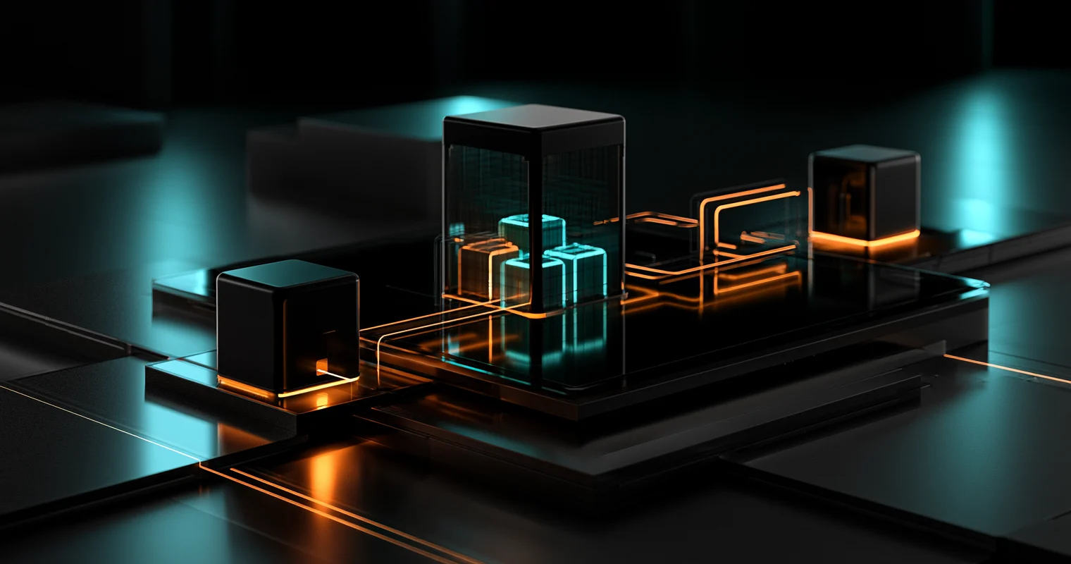 Dark 3D illustration of black boxes linked by glowing orange paths, with cyan and orange cubes inside a central glass chamber.