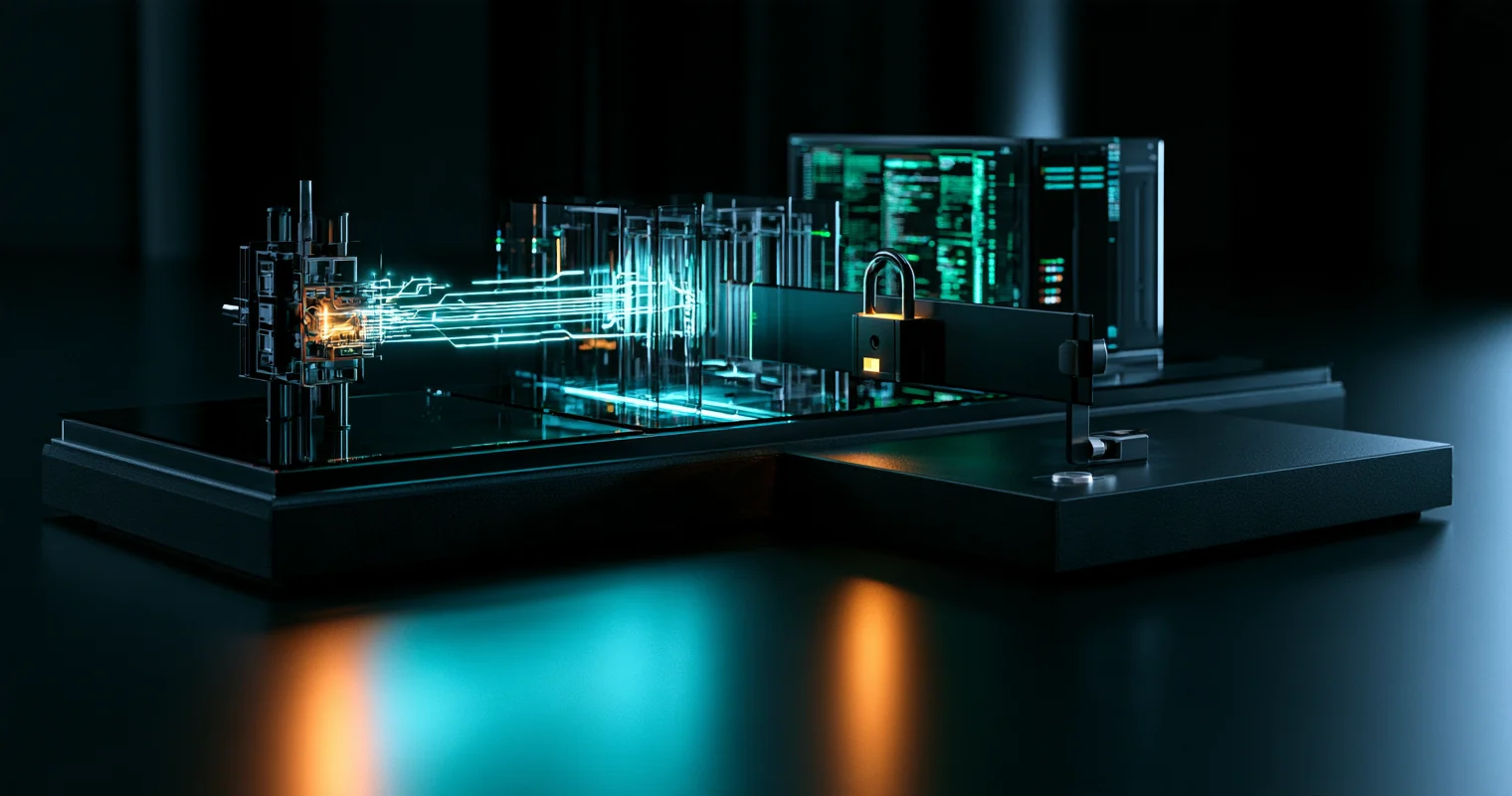Glowing cyan data lines pass through transparent server modules beside a padlock and a green terminal screen.