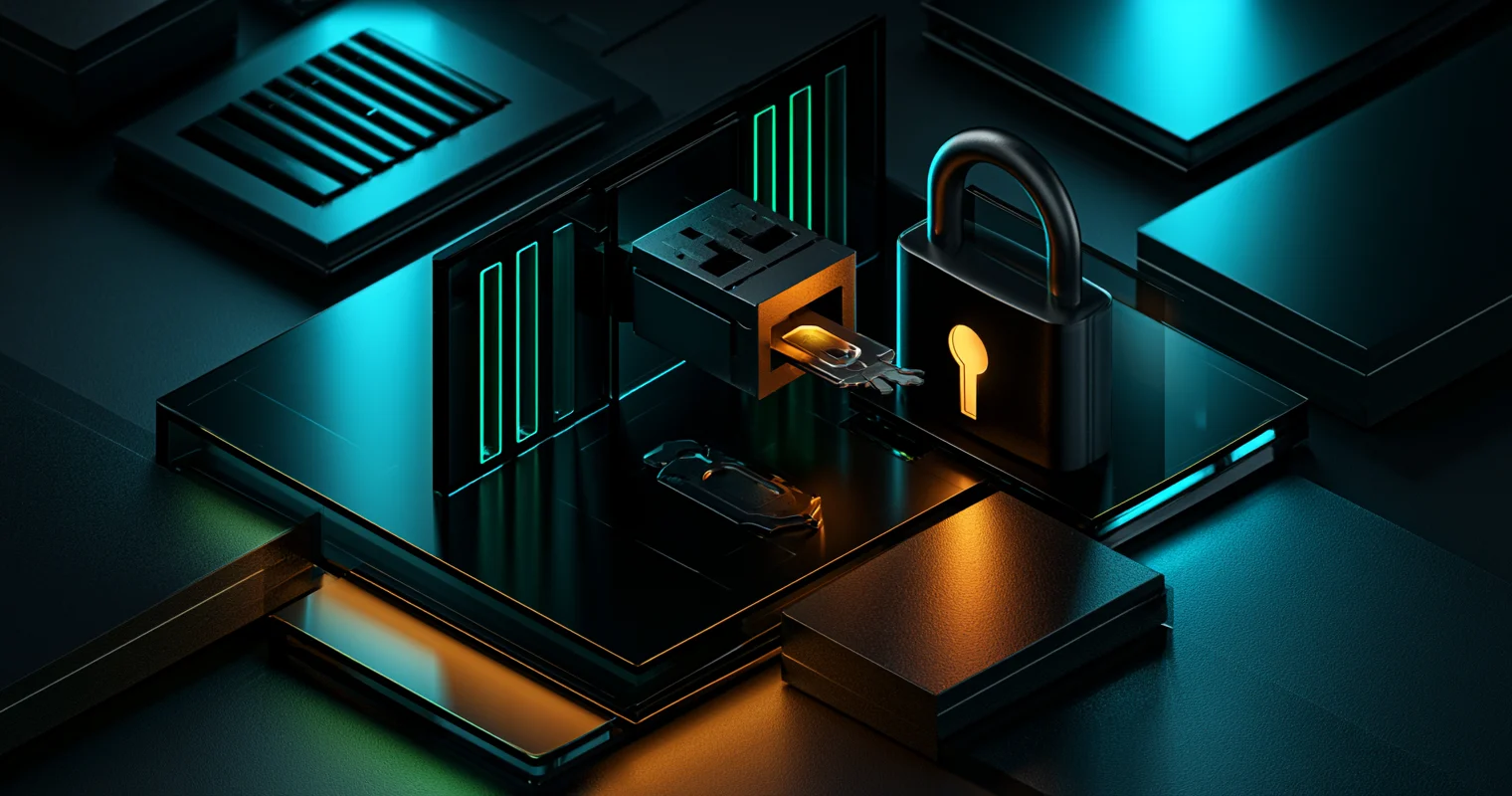 Dark 3D illustration of a black padlock with an amber keyhole beside a connector on cyan-lit circuit platforms.