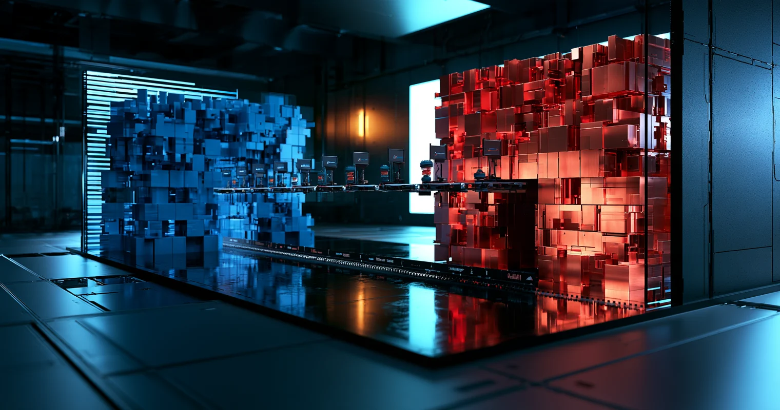 A blue block structure and a red block structure connected by a narrow technical bridge on a reflective workbench.