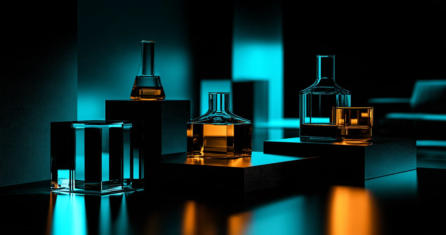 Glass vessels of different shapes on black platforms, illuminated by cyan and amber light on a reflective surface.