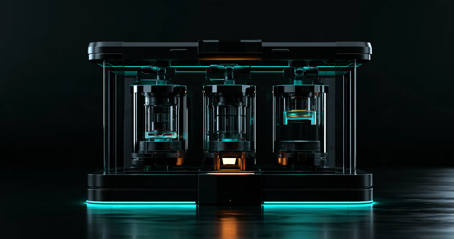 A dark glass-and-metal machine with three separate cylindrical chambers illuminated by cyan and amber lights.