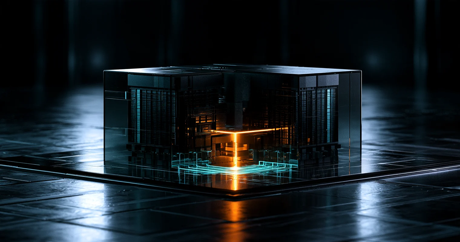 Two dark server blocks inside a transparent enclosure, connected by an orange light above cyan circuit traces.