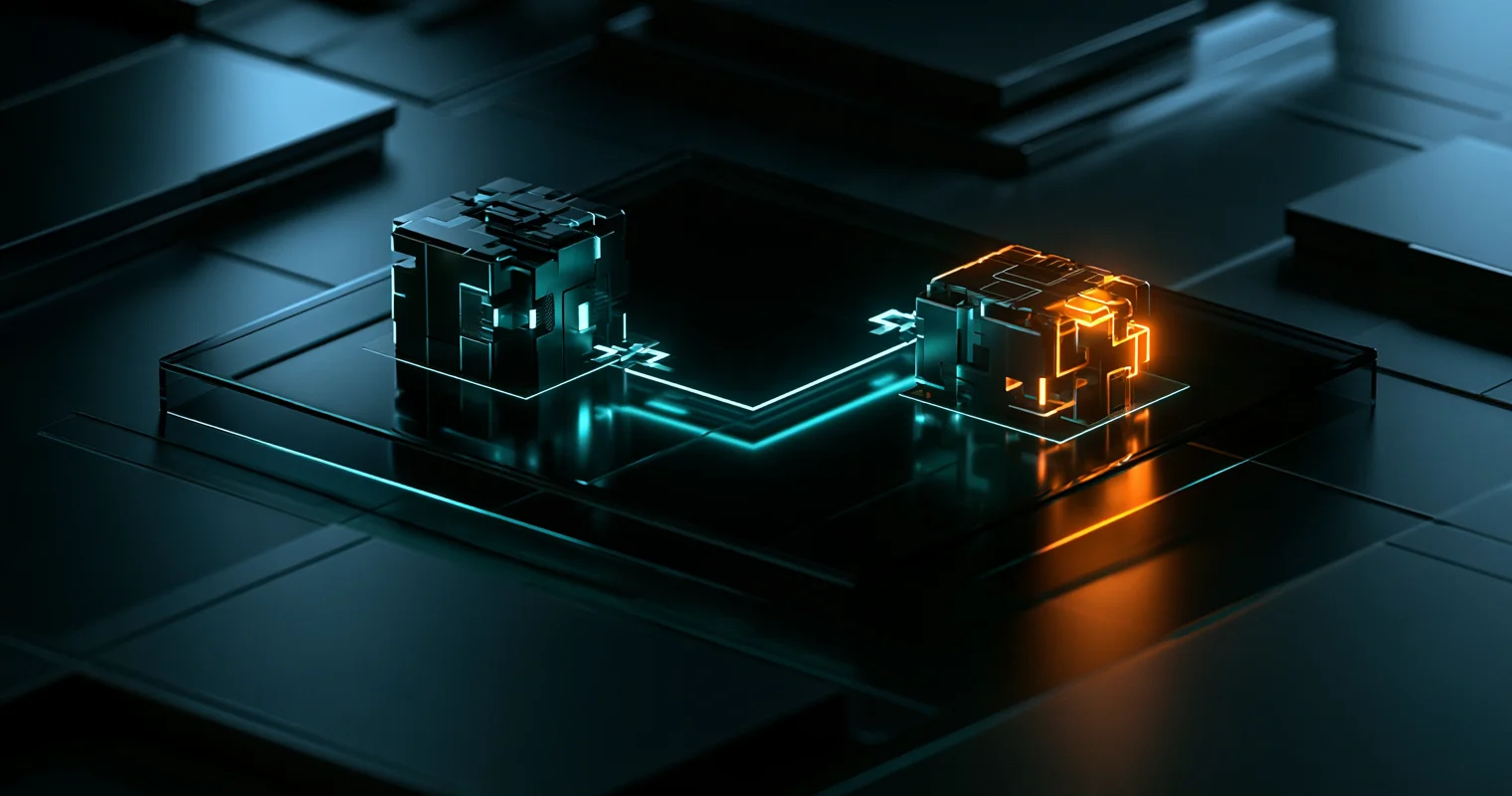 Two modular blocks on a glass tray joined by a glowing path, one lit cyan and one amber, standing for a calling workflow and the reusable workflow that defines the job.