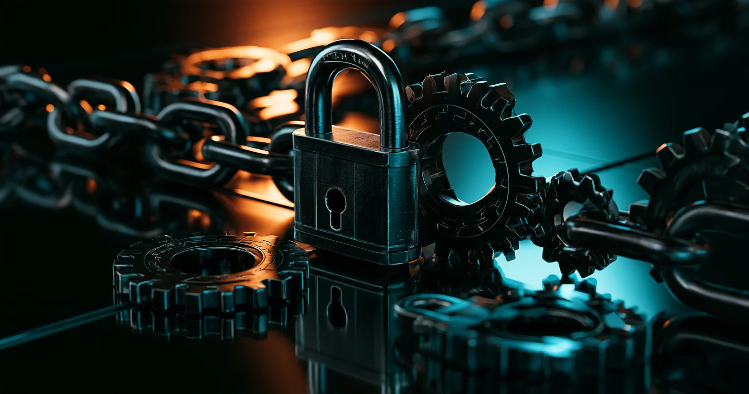 A dark metal padlock with a keyhole stands among gears and heavy chain links on a reflective black surface, lit orange from behind and cyan on the right.