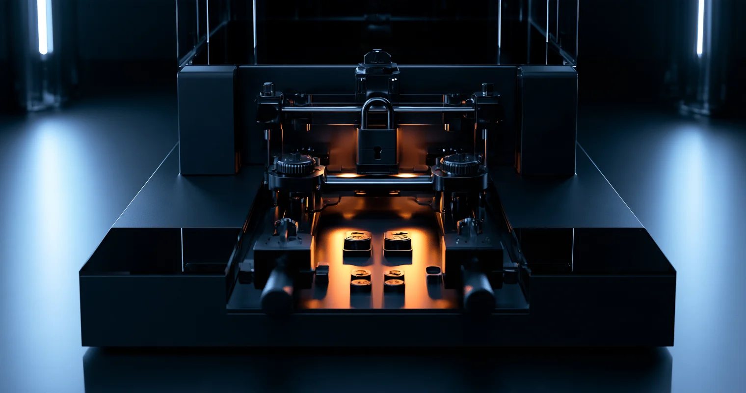 A black mechanical lock assembly with a central padlock, orange-lit controls, and blue lights on either side.