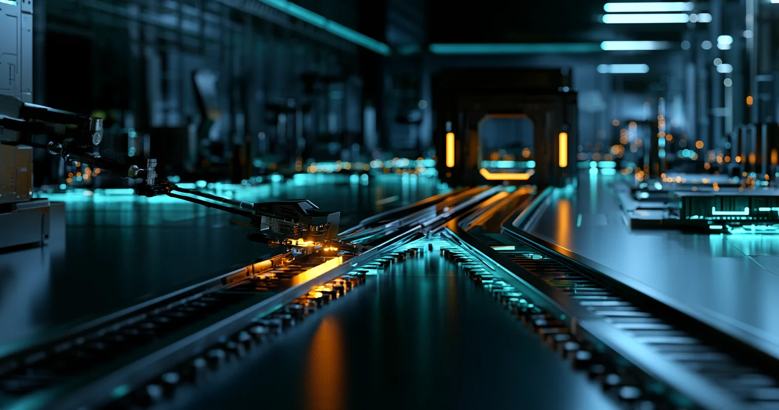 A robotic arm works beside converging metal tracks in a dark factory lit by cyan lights and orange sparks.