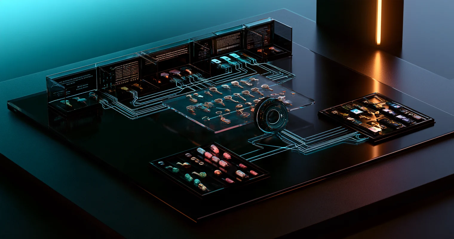 A dark tabletop display of keys arranged on transparent panels, connected by glowing cyan circuit lines to data screens and trays.