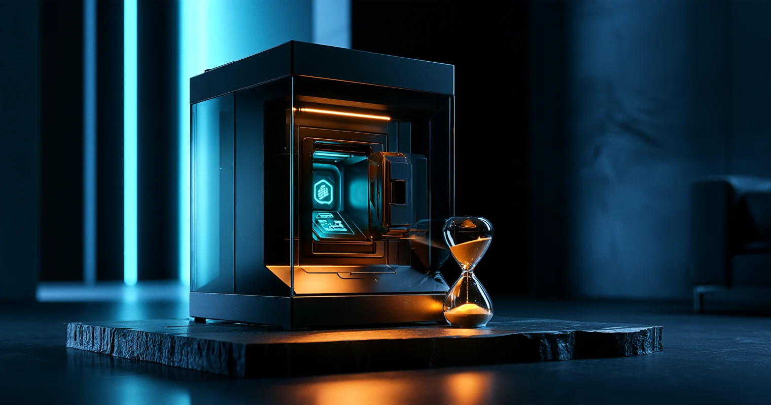 A dark glass-walled cabinet on a stone slab holds a lit compartment with a glowing cyan hexagon symbol, beside an hourglass with amber sand, against a blue-lit backdrop.
