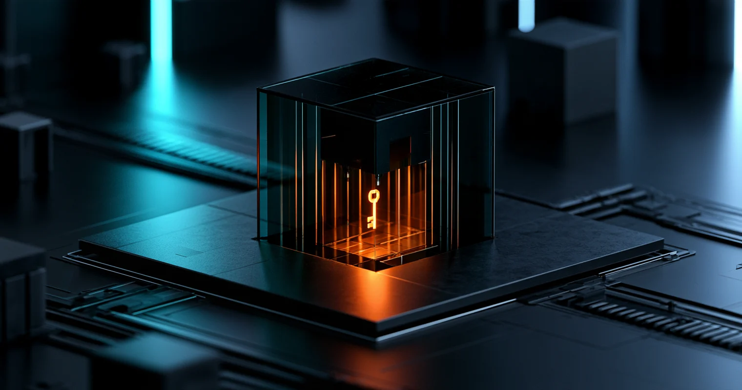 A dark glass cube on a black platform with a small glowing orange key inside it, surrounded by dark blocks and beams of cyan light.