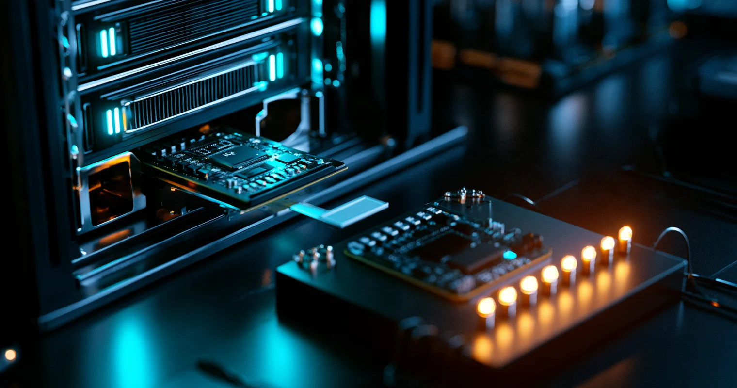 A circuit board half pulled out of a dark server rack lit in cyan, while another board sits on a test bench lined with lit amber lamps.