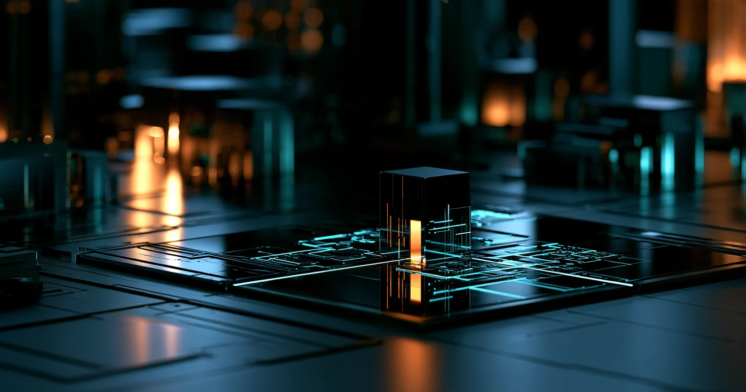 A dark circuit board with glowing cyan pathways leading around a black tower marked by a narrow orange light.