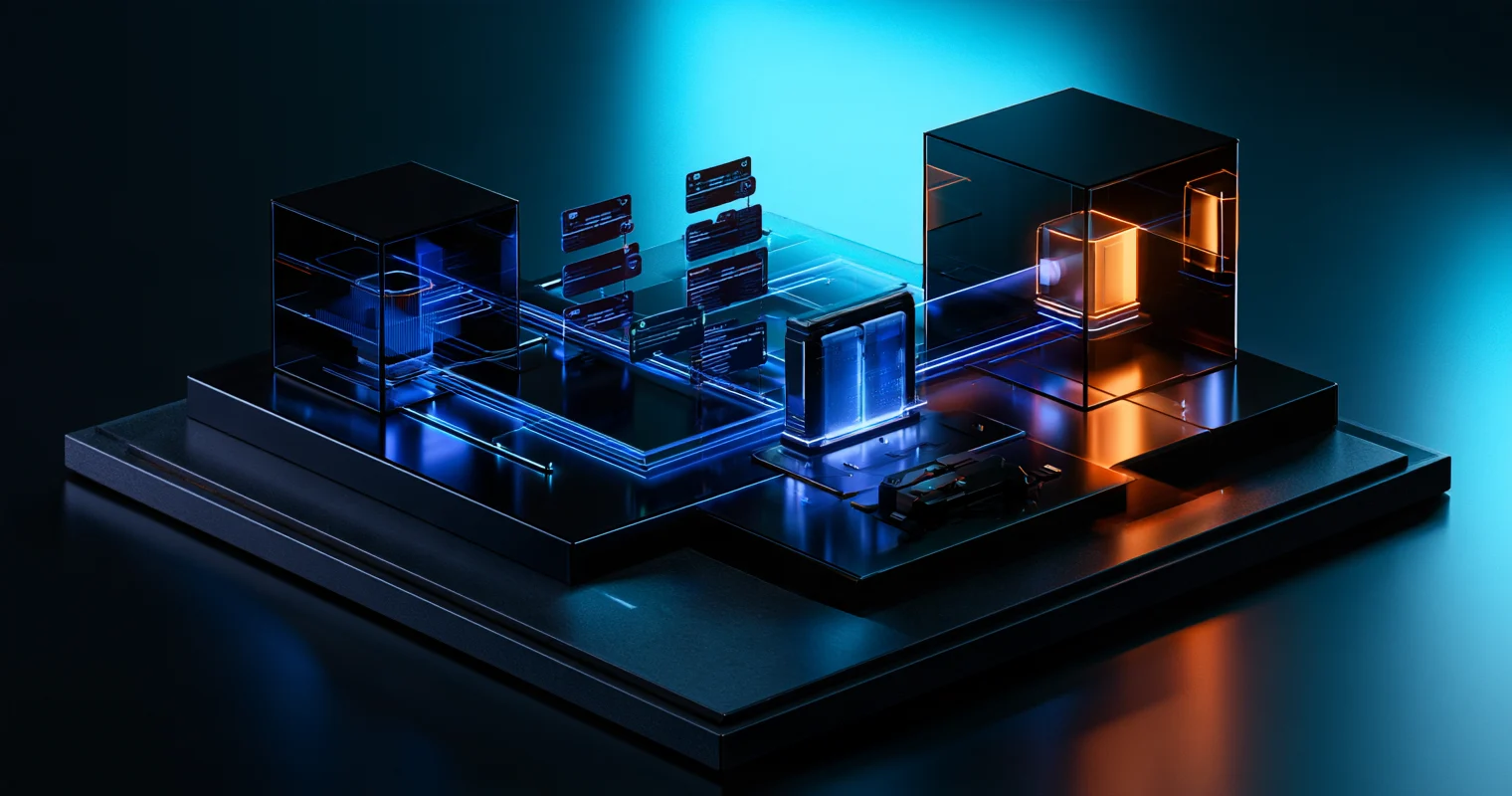 Dark 3D illustration of two glass server chambers connected by blue-lit pathways, code panels, and an orange-lit gateway.