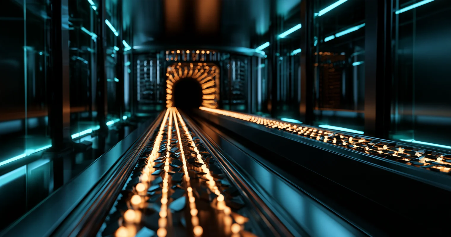 Two parallel tracks of glowing amber lights running through a dark glass-walled hall with cyan edge lighting toward a single amber-lit arched gate at the far end.