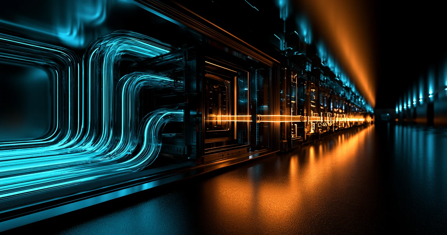 Several luminous cyan cable-like flows curve into a row of black glass processing frames while one straight amber signal continues through the center.