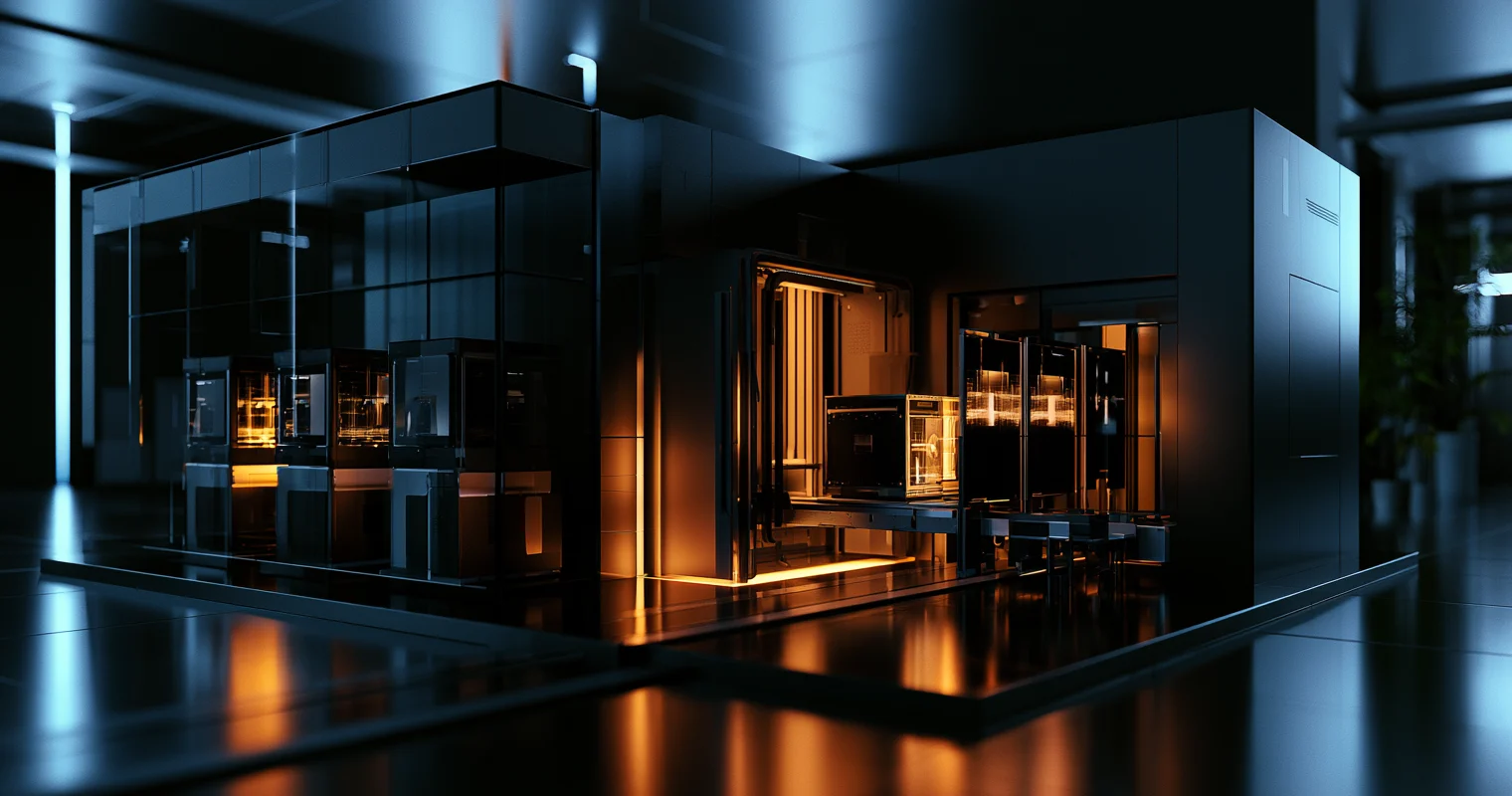 A dark technical diorama of three compact glass-fronted modules beside a larger amber-lit processing enclosure, reflected on a glossy floor under cyan overhead light.