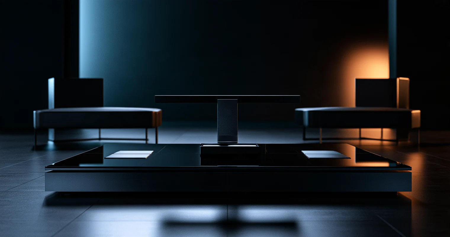 A level black balance beam above two silver cards on a glossy platform, with blue and orange light behind it.