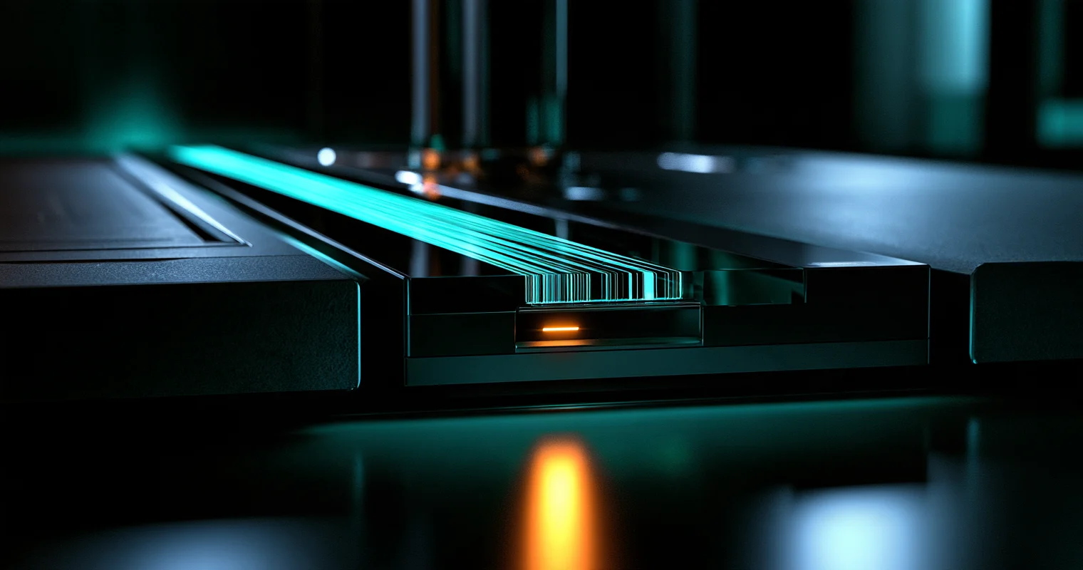 Cyan light lines converge through a narrow slot in a dark metal test bench, with a small amber light beneath the opening.